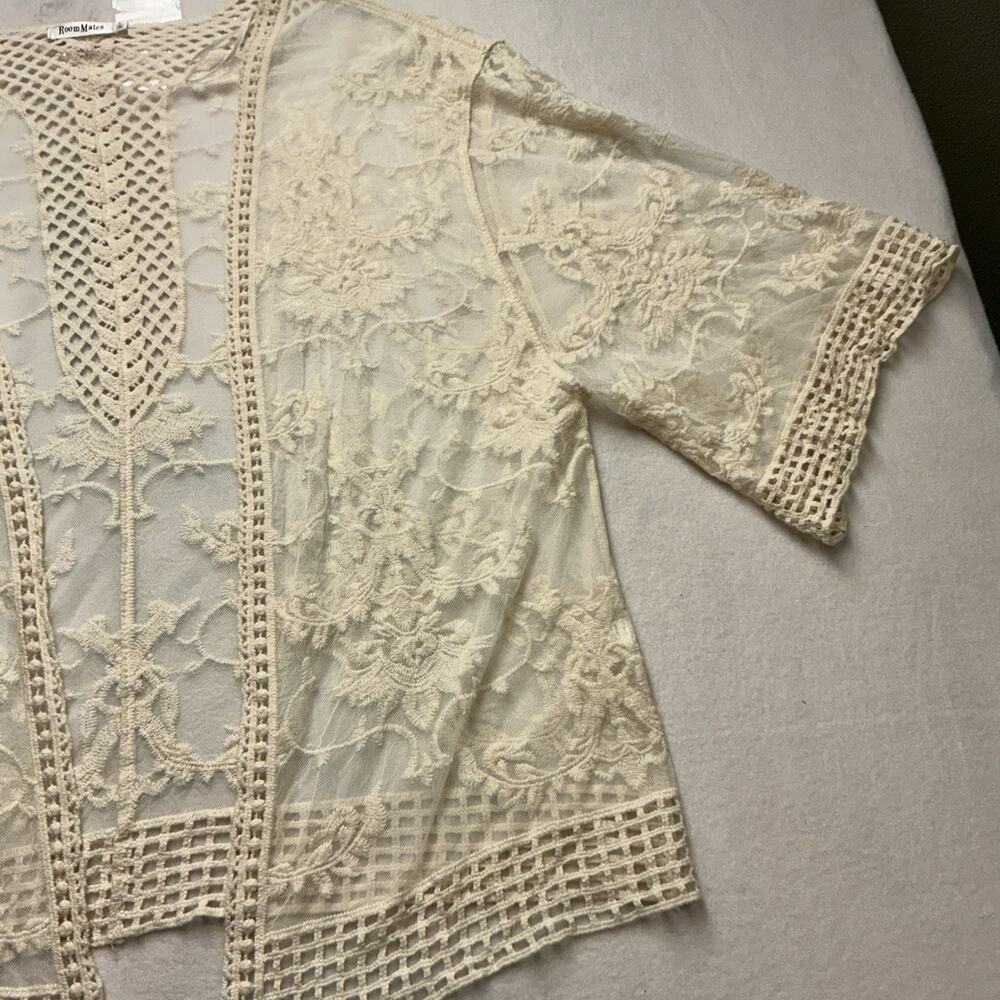 Roommates - Womens Boho Lace Duster Cardigan - Large - Ivory - Open Front , 3894 - Picture 3 of 9